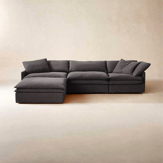 Charcoal sofa, front view: “Charcoal Duffy Cloud Sofa with chaise and double-stacked seat cushions, front view”